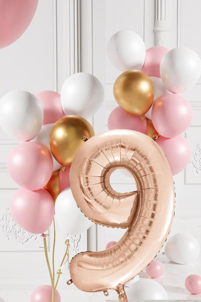 tedaks 9 Yaş Retro Gold Pembe Beyaz Balon Seti Rose Gold Rakamlı Doğum Günü B...