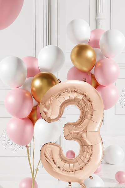 tedaks 3 Yaş Retro Gold Pembe Beyaz Balon Seti Rose Gold Rakamlı Doğum Günü B...