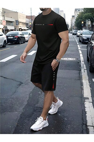 ACTIVE MODA -طقم تيشيرت قطني مطبوع بأكمام قصيرة للرجال مكون من قطعتين