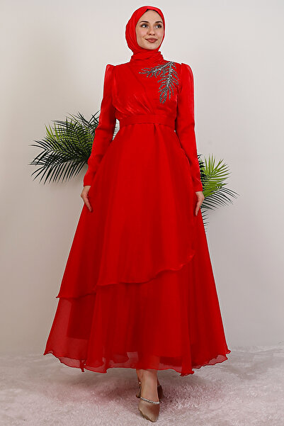 giz astore Taşlı Organze Abiye Kırmızı