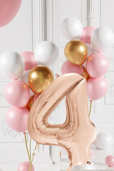 tedaks 4 Yaş Retro Gold Pembe Beyaz Balon Seti Rose Gold Rakamlı Doğum Günü B...