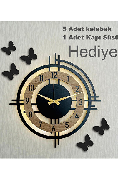 Pey Aksesuar Işıklı Ahşap Duvar Saati 48 cm Dekoratif modern tasarım sonomo
