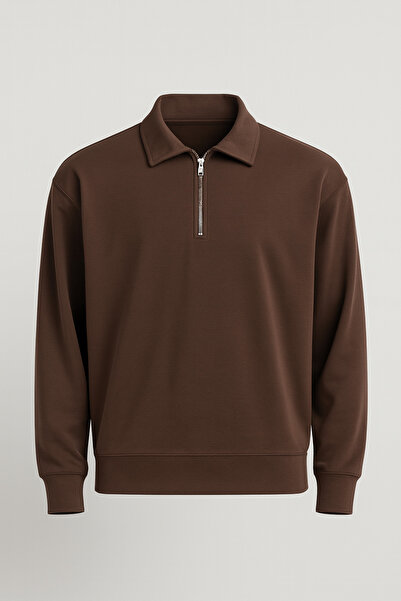Valiberta Scuba Modal Fabric Relaxed Fit Half Zipper Polo Collar Men's Sweatshirt - Brown