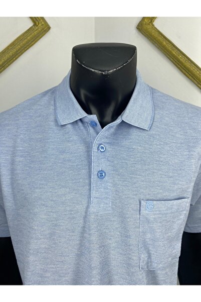 Sadık Collection Ercan Men's Large Size Polo Neck Pocket Cotton Blue Color T-Shirt V-5 5005