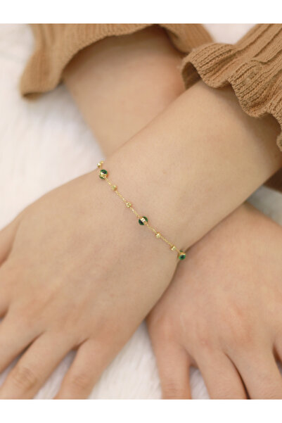 Zeynepli gold & jewelry 14 Ayar Altın Küçük Yeşil Gözlü Bileklik