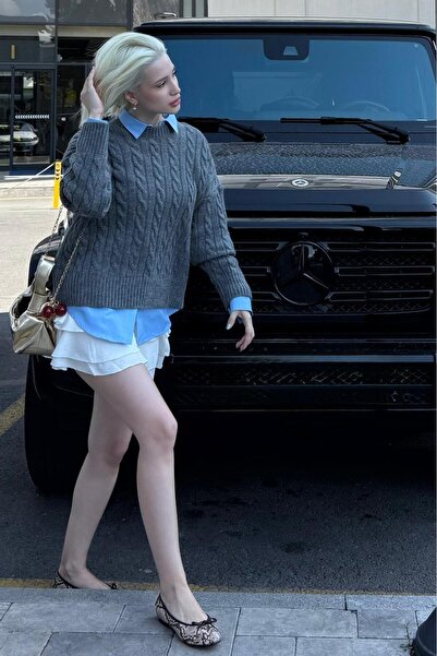 Madmext Antrasit Bisiklet Yaka Örgü Desenli Kadın Triko Kazak MG2520