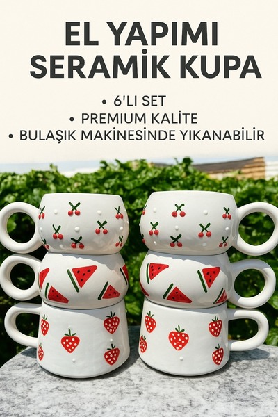 BB TRADE El Yapımı 6'Lı Karpuz Kiraz Çilek Desenli Seramik Kupa