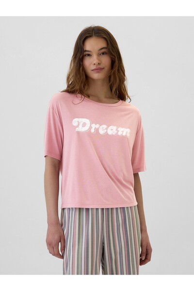 GAP Kadın Pembe Relaxed Grafikli Pijama Üstü