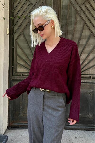 Madmext Pulover de damă din tricot cu decolteu în V burgundă Mg2501