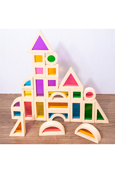 OEM Set of 25 3D Building Blocks, Rainbow Made of Wood and Transparent Acrylic, Educational Toy on