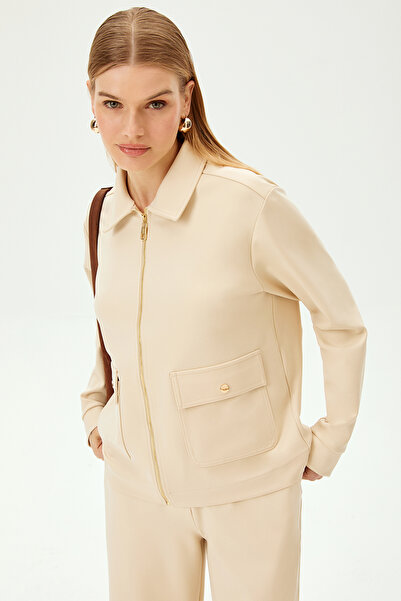 Allyco Zippered Ecru Comfortable Fit Knitted Sweatshirt