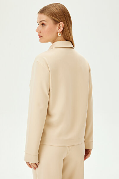 Allyco Zippered Ecru Comfortable Fit Knitted Sweatshirt