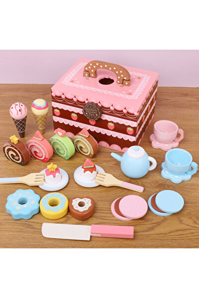 OEM Set de Prajituri de Jucarie din Lemn, Trusa Portabila Roz cu Deserturi si Ceai de Dupa-Amiaza, Joc d