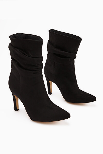 Limoya Wilma Siyah Süet Körüklü Ince Topuklu Kadın Bot, Kadın Bootie