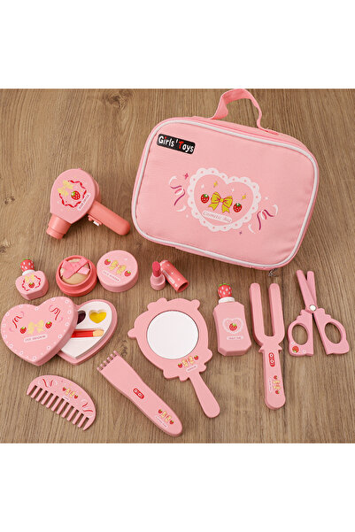 OEM Set de Infrumusetare din Lemn pentru Copii, Trusa Roz de Machiaj pentru Fetite, 11 piese din lemn, c