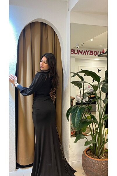 SUNAYBUTİK SİYAH LEOPAR BALIĞI DESENLİ ABİYE-40 - SİYAH