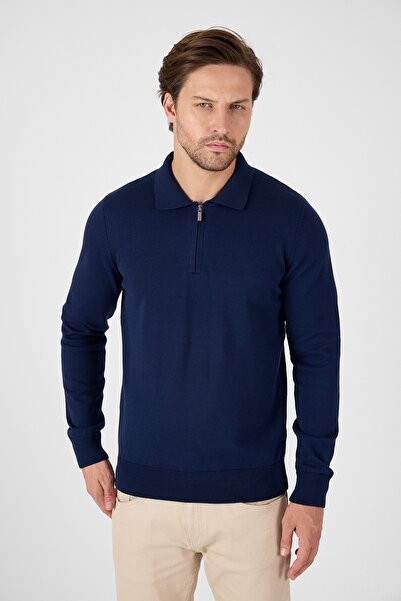 hateko Синій 100% бавовняний чоловічий светр з напівзастібкою та поло-комірцем