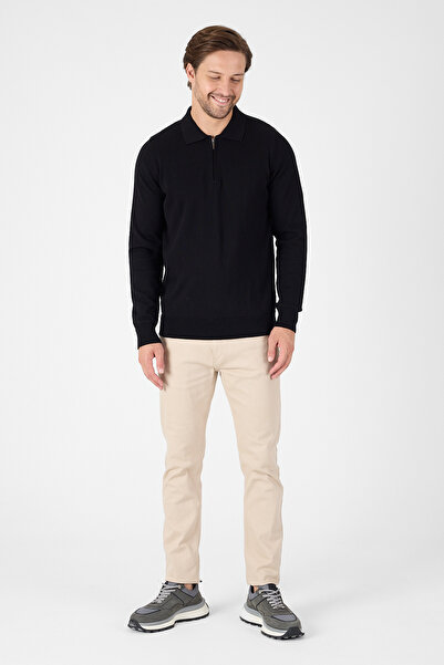 hateko Μαύρο πλεκτό πουλόβερ από 100% βαμβάκι με μισό φερμουάρ για άντρες