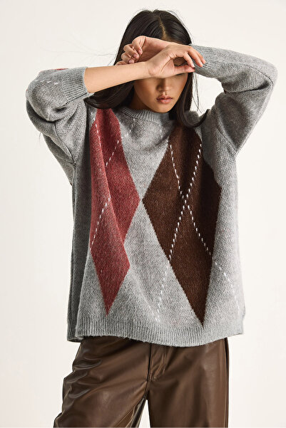 Bianco Lucci Women's Diamond Patterned Oversize Knitwear Sweater 60351284