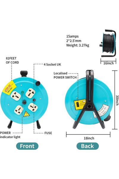Bonai 25m Extension Reel: Power Your Space Safely and Efficiently with 4 Sockets and Fuse Protection