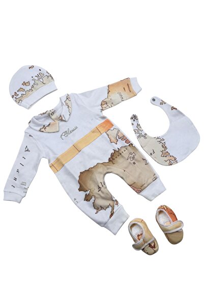 Baby day طقم استقبال مواليد 5 قطع بتصميم الخريطة الكلاسيكية – أبيض وبيج