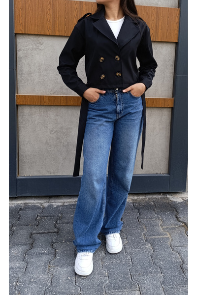 siyalife Double-Breasted Collar Belted Buttoned Short Black Trench Coat