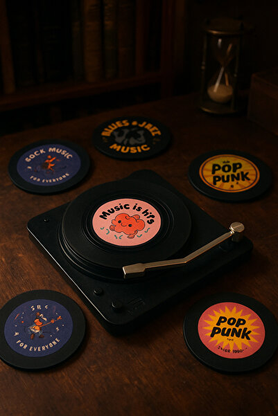 Miu Eski Plak Çalar Dekorlu 6'lı Bardak Altlığı 12*12Cm