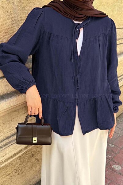 lamelif V-подібний комір, рукави з гумкою, мусульманська сорочка, темно-синя