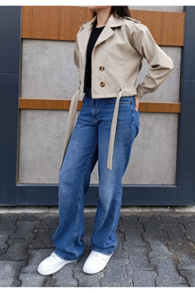 siyalife Double-Breasted Collar Belted Buttoned Short Beige Trench Coat