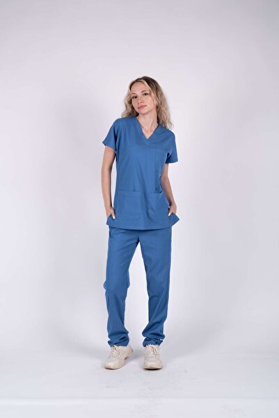 ACAR İŞ TEX Indigo Blue Lycra Nurse and Doctor Uniform Set Scrubs Hospital Un...