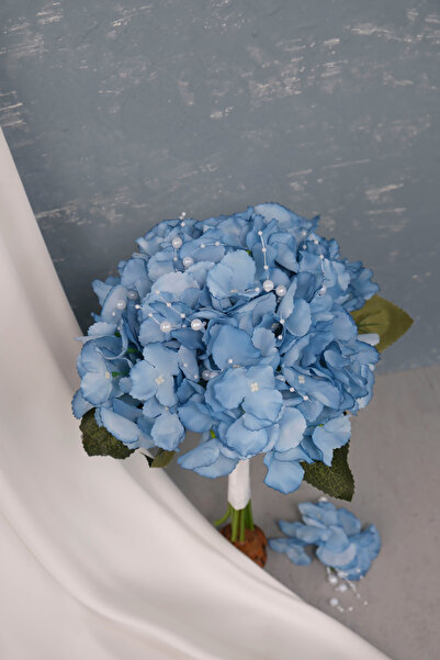 Uğur Gelin Buketi İncili Mavi Ortanca Gelin Buketi