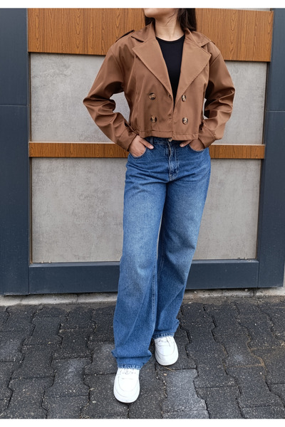 siyalife Double-Breasted Collar Belted Buttoned Short Brown Trench Coat