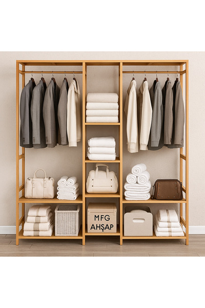 MFG AHŞAP Ahşap Dekoratif Açık Gardırop Elbise Askılığı 170x160x30