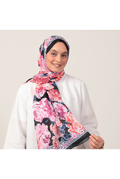 ipekistanbul شال من القطن والحرير - نقشة زهور - أسود فوشيا