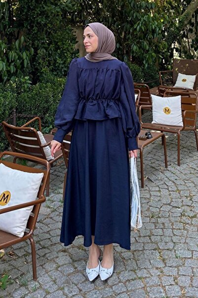 lamelif Büzgü Detaylı Tesettür İkili Takım Lacivert