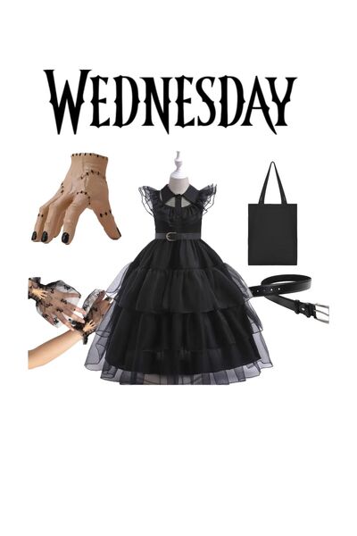 3b kids wednesday kostüm elbise + el+çanta+tül eldiven+kemer doğum günü parti...