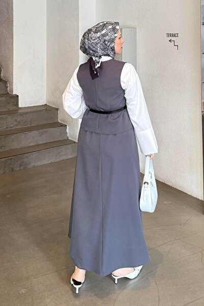 lamelif Buttoned Skirt-Vest Hijab Double Set Anthracite