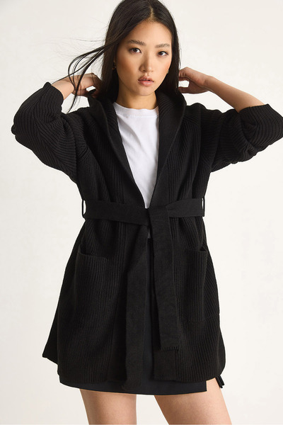 Bianco Lucci Women's Hooded Shawl Collar Belted Cardigan 20246309