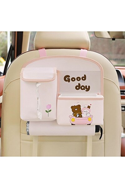 Flippy Multifunctional Storage Bag for Car Back Seat, Bear Design, Pink, 25x31 cm