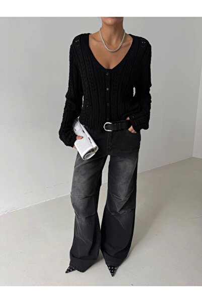 Zerenyus Small Knitted Knitwear Cardigan with Small Buttons Black