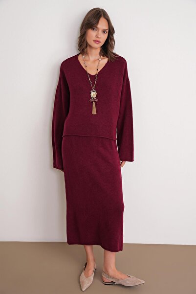 Mixray 6961 Women's Knitwear Sweater Skirt Set Burgundy