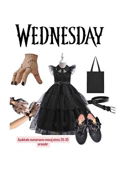 3b kids kız çocuk cadılar bayramı wednesday kostüm elbise + el +kemer+çanta+t...
