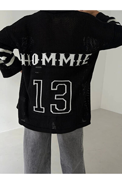 Zerenyus Large Buttoned Loose Knitwear Cardigan Black White