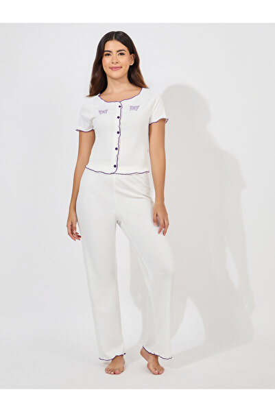 Styli Butterfly Button Front Contrast Lettuce Edge Shirt and Pyjama Set