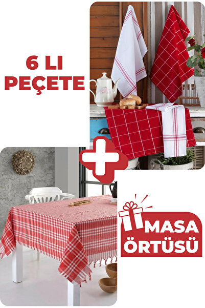 LADYNİL Tablecloth |   Set of 6 Kitchen Towels & German Napkin 50X70 cm 100% Cotton Washed Large Checked