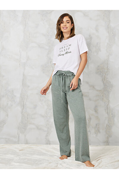 Styli Slogan Printed T-Shirt and Ruffle Waist Pyjama Set