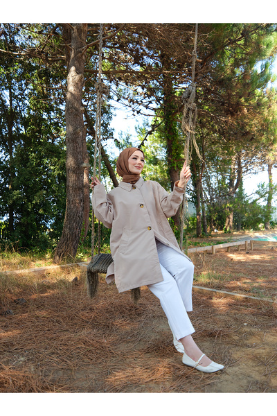 LOCCO Kadın Cep Detay Pelerinli Ceket Taş