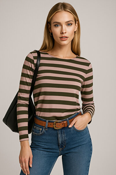 Rich Γυναικεία ριγέ βασική μπλούζα - Πράσινο ροζ - Καθημερινό άνετο και κομψό συνδυασμό - Νέα σεζόν τάση