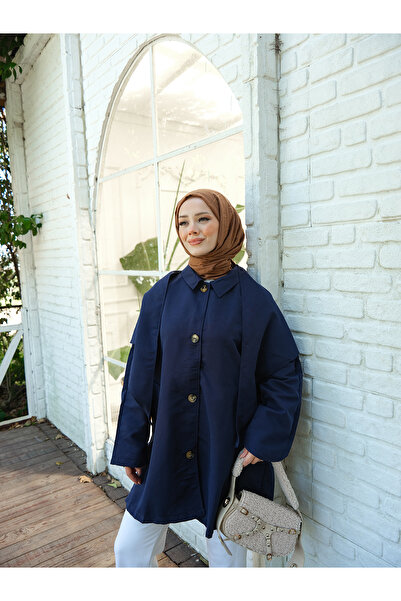 LOCCO Kadın Cep Detay Pelerinli Ceket Lacivert