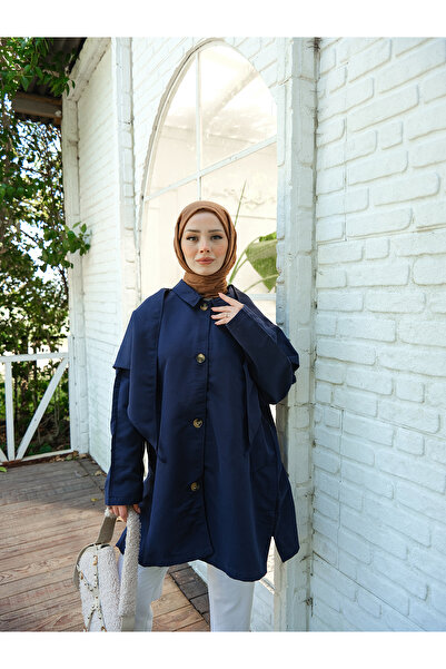 LOCCO Kadın Cep Detay Pelerinli Ceket Lacivert